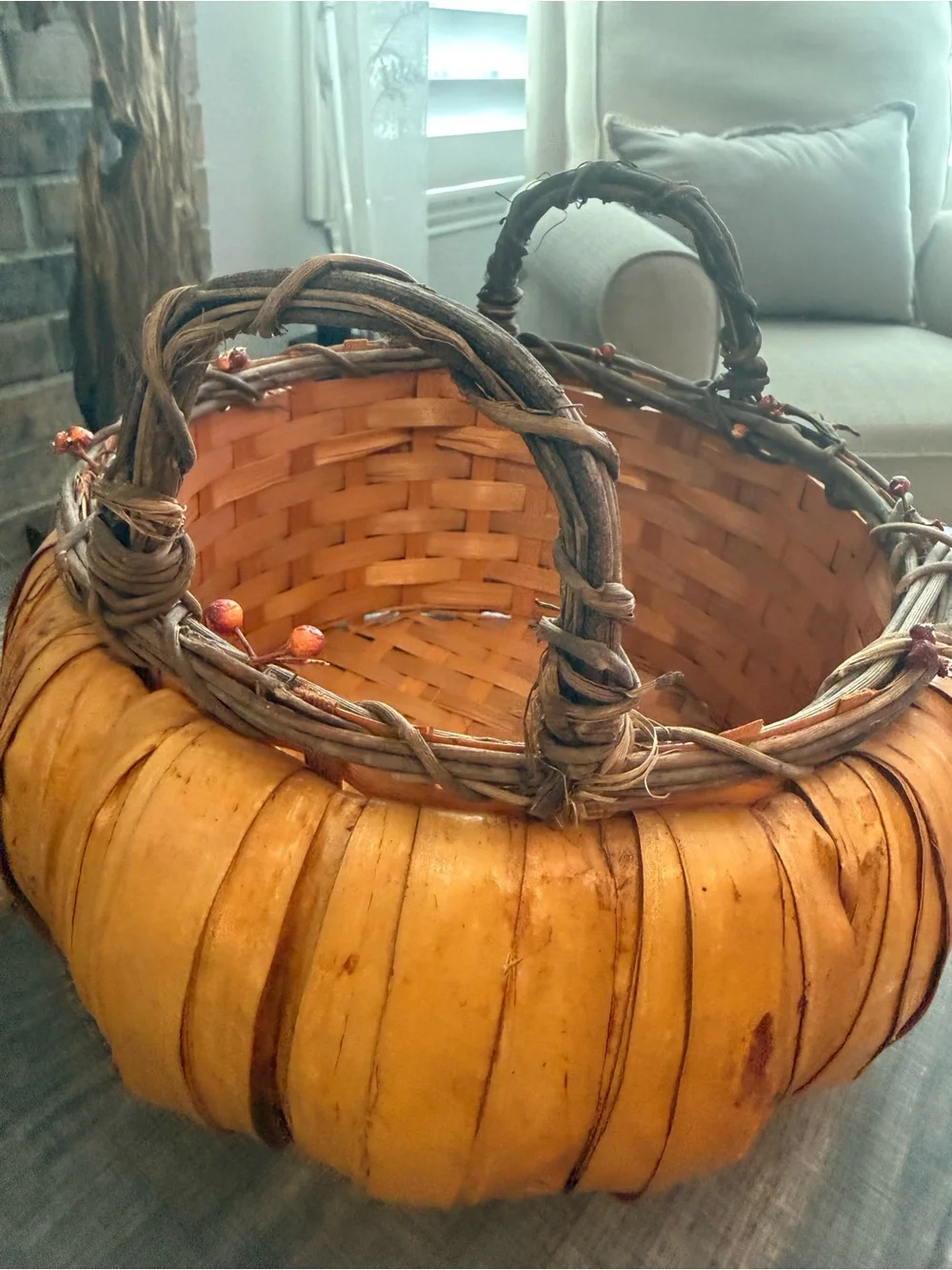 Rustic Pumpkin Shaped Woven Basket Fall Harvest Decor Handmade Style 11”